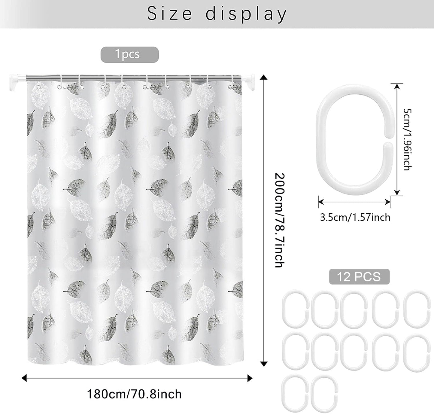 WOODFIB Shower Curtain, 100% PEVA Waterproof Anti-Mould Proof Resistant, Quick-Drying, Washable Bathroom Curtain, Includes 12 Pcs Curtain Hooks