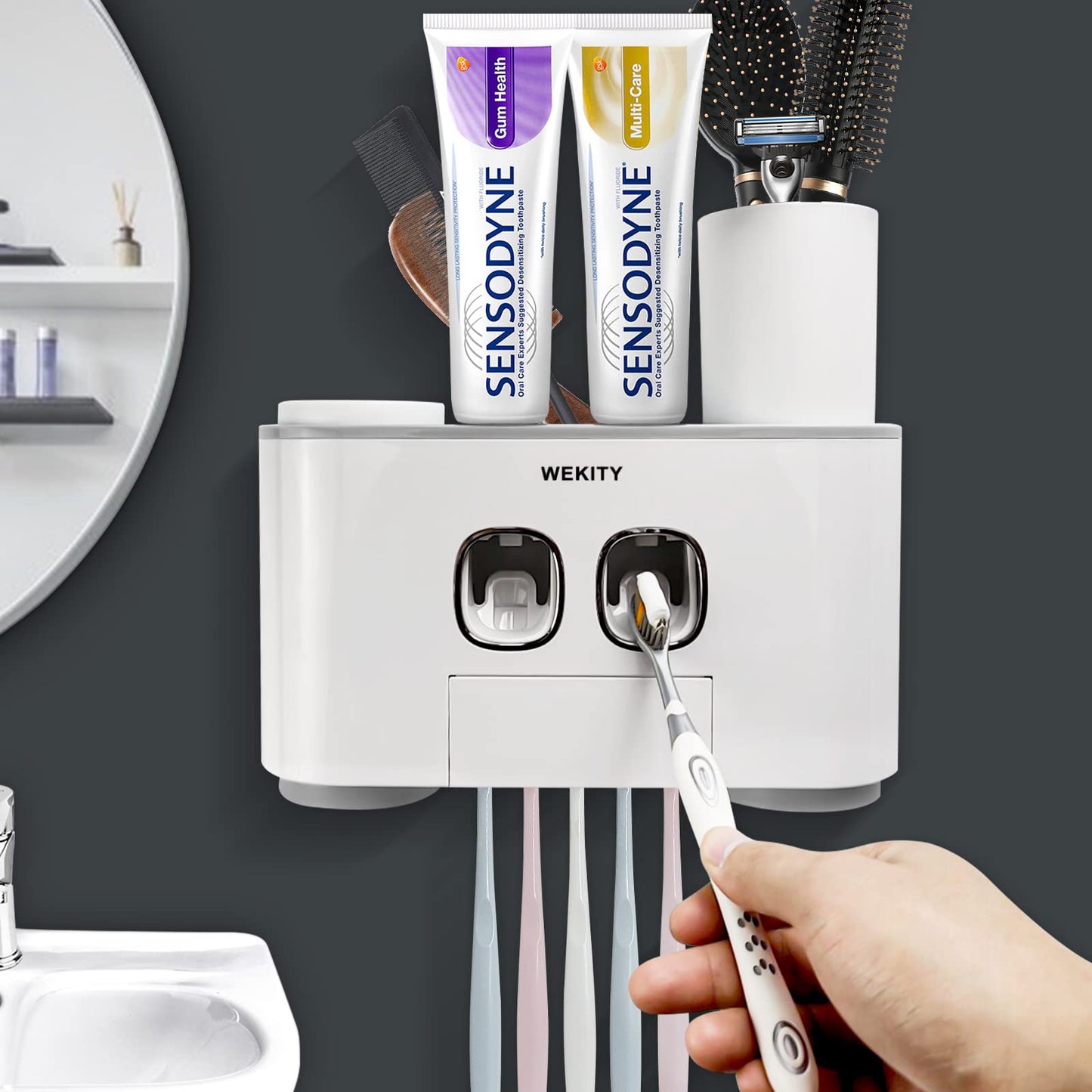 WEKITY Toothbrush Holder Wall Mounted, Multifunctional Automatic Toothbrush and Toothpaste Squeezer Kit with 4 Cups, 5 Toothbrush Slots and 2