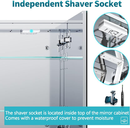 ELEGANT 3 Doors Bathroom Mirror Cabinet with Shaver Socket Stainless Steel Wall Mounted Storage Cabinet with Three-color Infinitely Dimmable