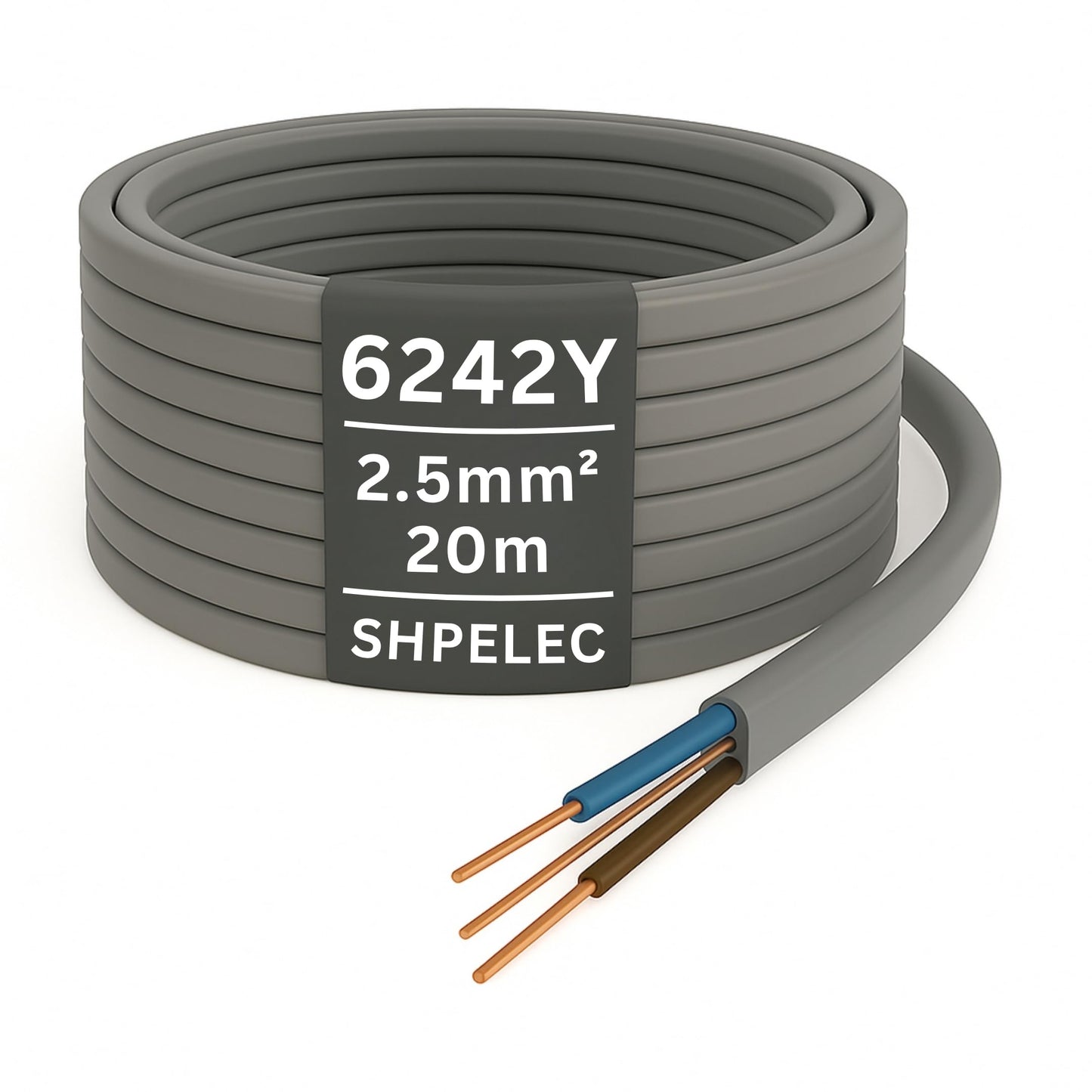 SHPELEC? Electrical Grey Twin and Earth 6242YH Cable - 2.5mm Mains Socket Ring 20m Length - All Lengths (5m, 10m, 15m & 20m)) (20metres - 2.5mm Twin