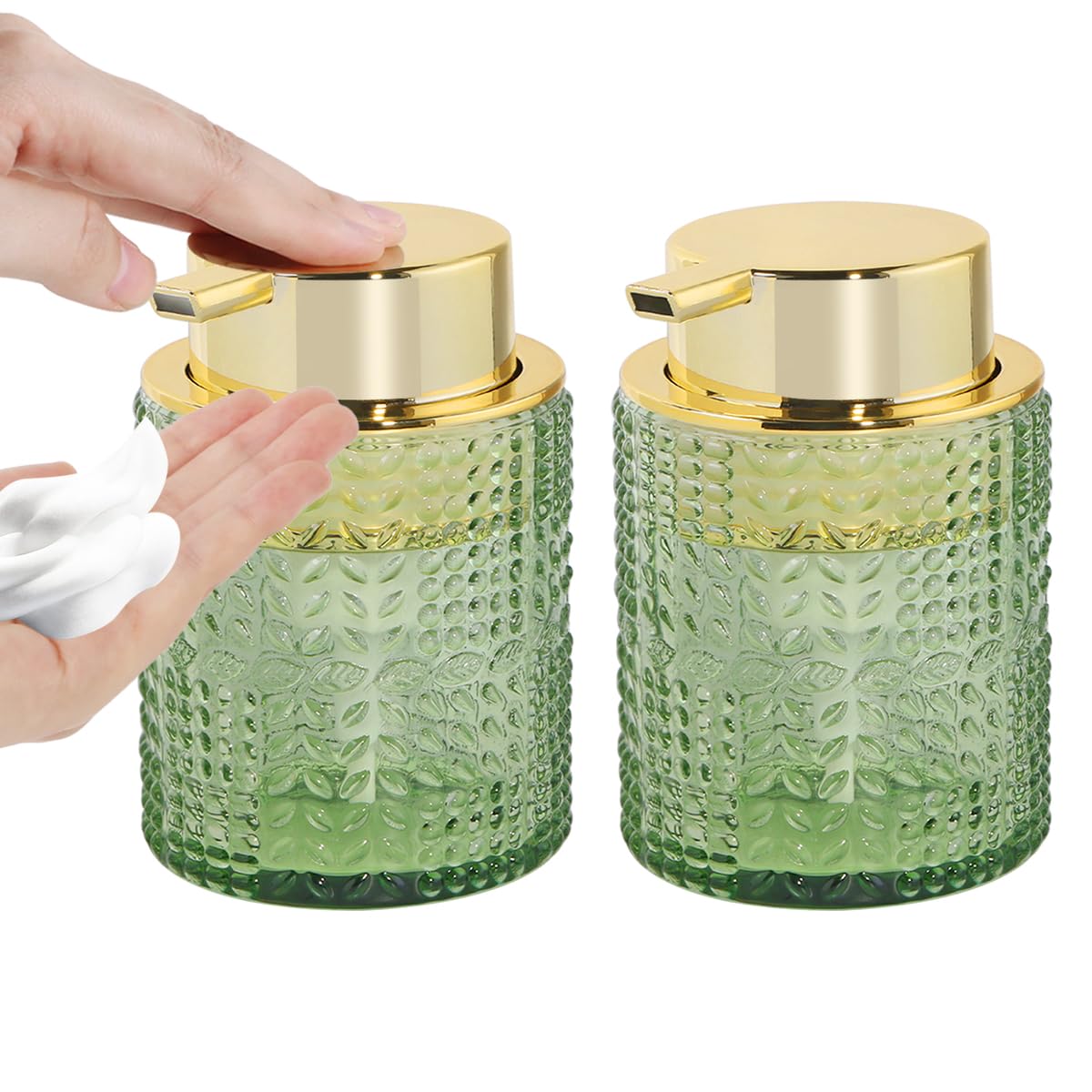 Fvstar 2pcs Foaming Soap Dispenser, Glass Foam Soap Dispenser with Gold Pump, 10 Oz Green Bathroom Lotion Container Pump Bottle with Vintage Pattern