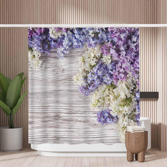 Woutay Shower Curtain Water Repellant Fabric Purple Flowers Bouquet,Mould Proof Resistant,Polyester,with 12 Plastic Hooks