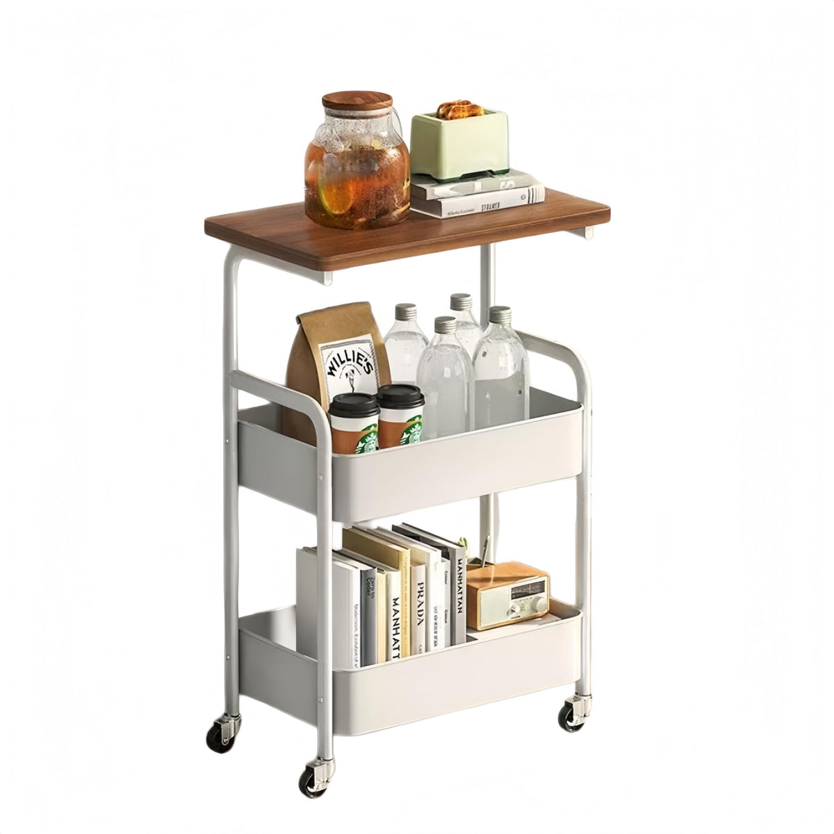 3-Tier Trolley on Wheels,with Wooden Shelves and Metal Baskets White