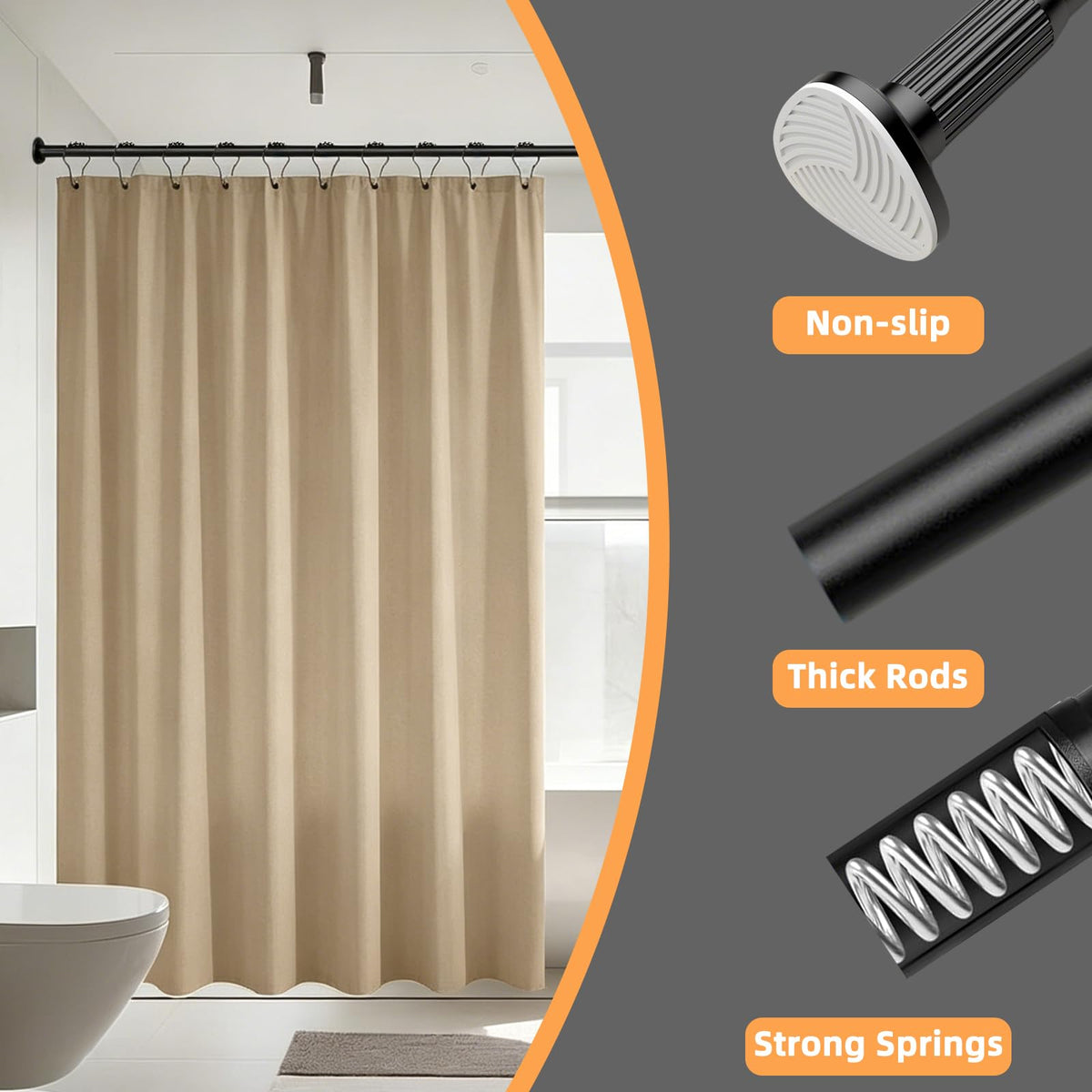 Shower Curtain Pole 100-262cm,Heavy Duty Tension Rod, Black