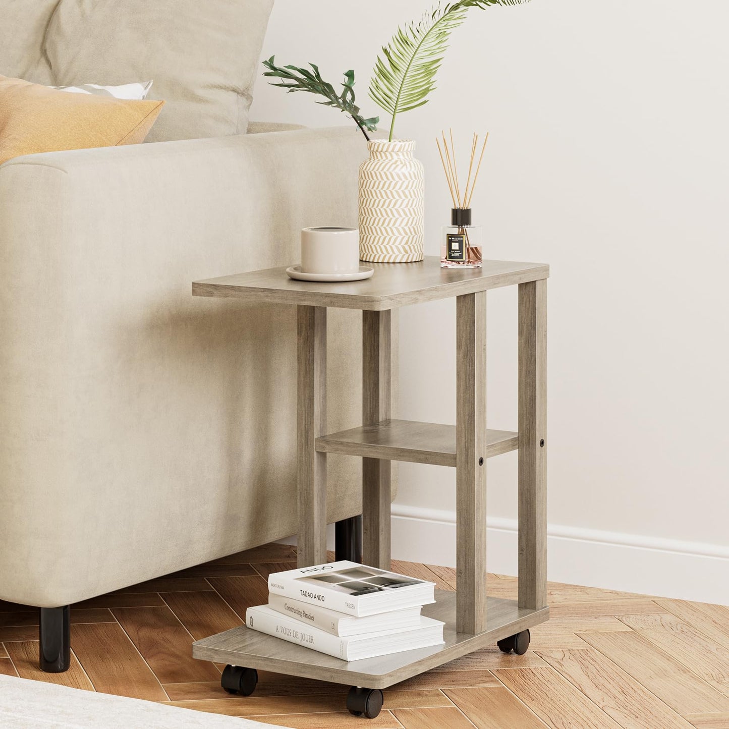 Apetaccat Side Table on Wheels, C-Shaped Sofa Table, Narrow Side Table, Wood Coffee Tables,Small End Tables Bedside for Living Room, Bedroom,Grey