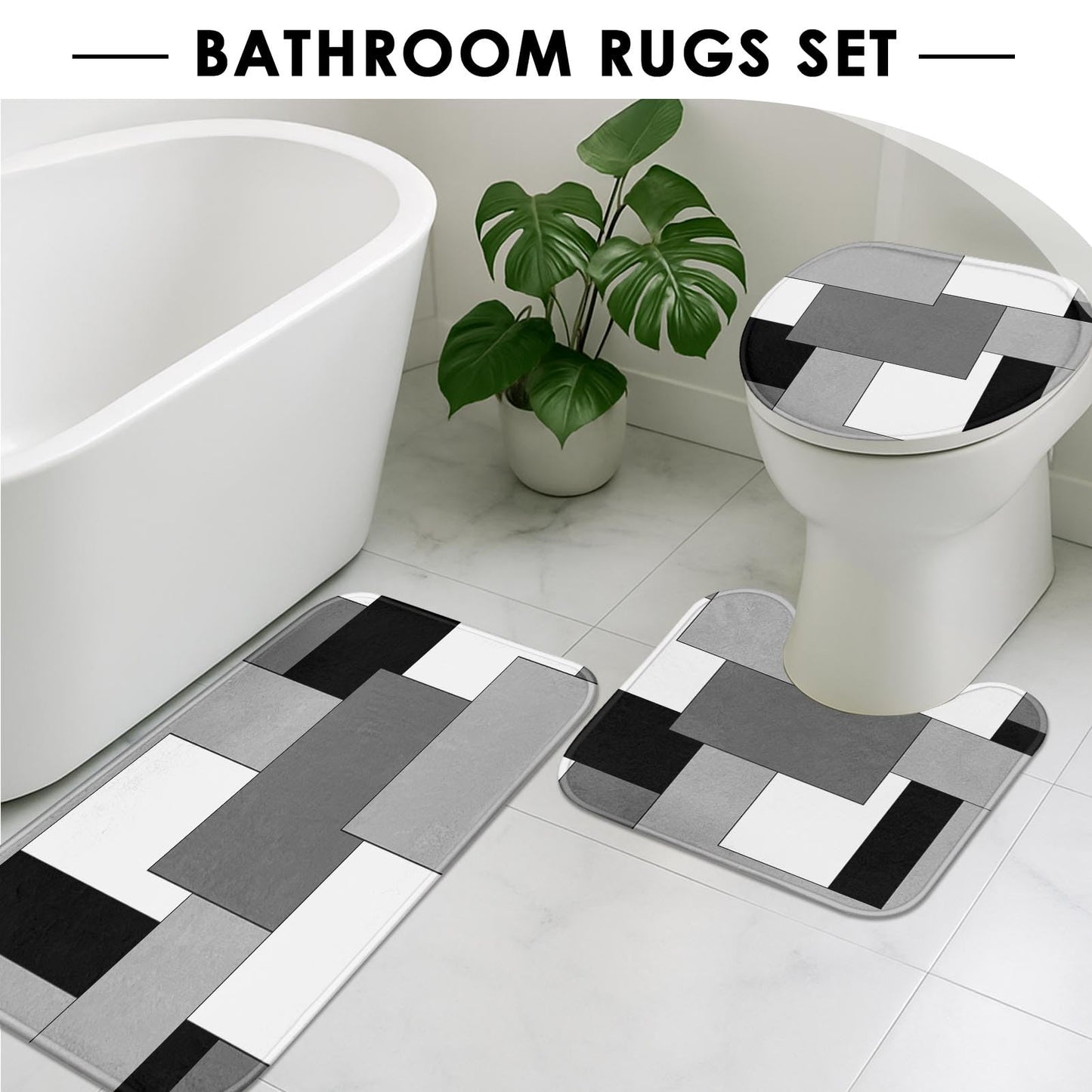 Tayney Grey Geometric Shower Curtain Set with Toilet Lid Cover and Non-Slip Rugs for Bathroom, Black White Checkered 4 Pcs Shower Curtain