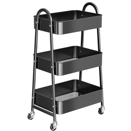 StowBin 3 Tier Metal Storage Trolley with Wheels – Rolling Utility Cart with Handle and Mesh Shelves for Kitchen, Bathroom, Office – Black