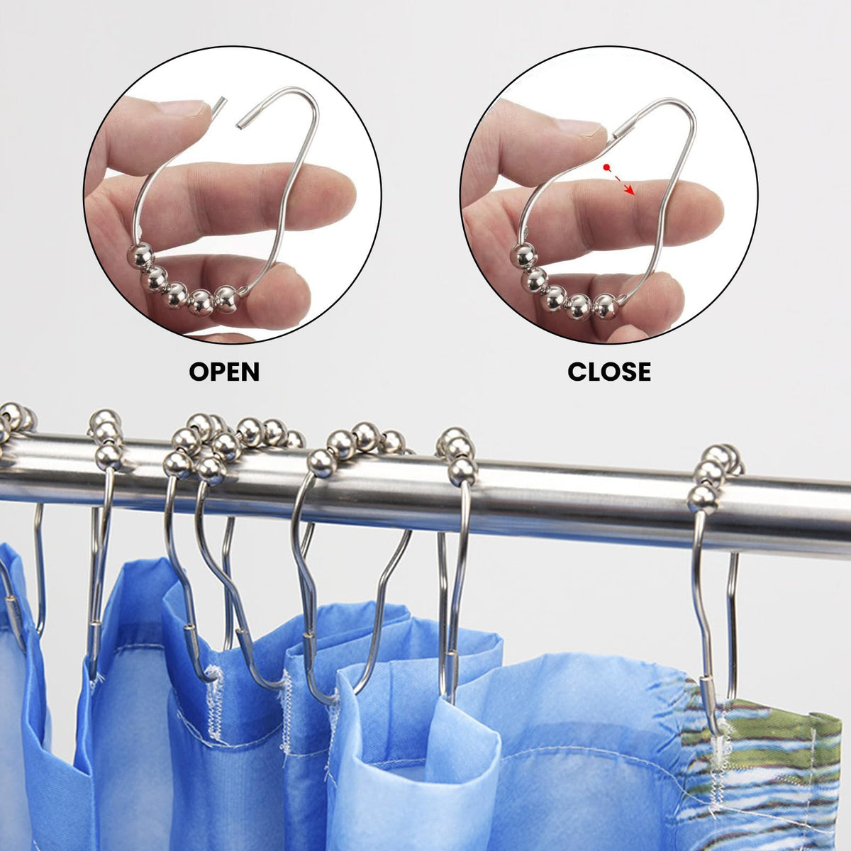 12 PCS Shower Curtain Hooks, Silver Stainless Steel Shower Curtains Rings with Roller Balls, Rust-Resistant, Heavy-Duty Closure