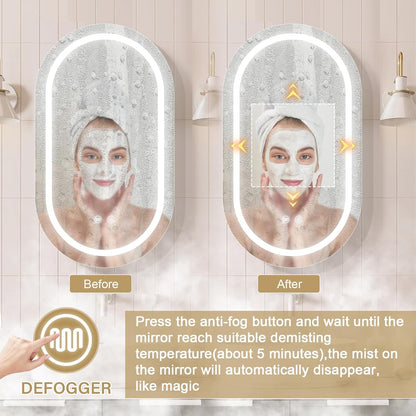 Janboe Oval Mirror Cabinet with Light,41×71cm,3 Colors&Dimmer,Defogger,Internal LIghting,Powerer Coating Iron,USB Shaver Socket,White