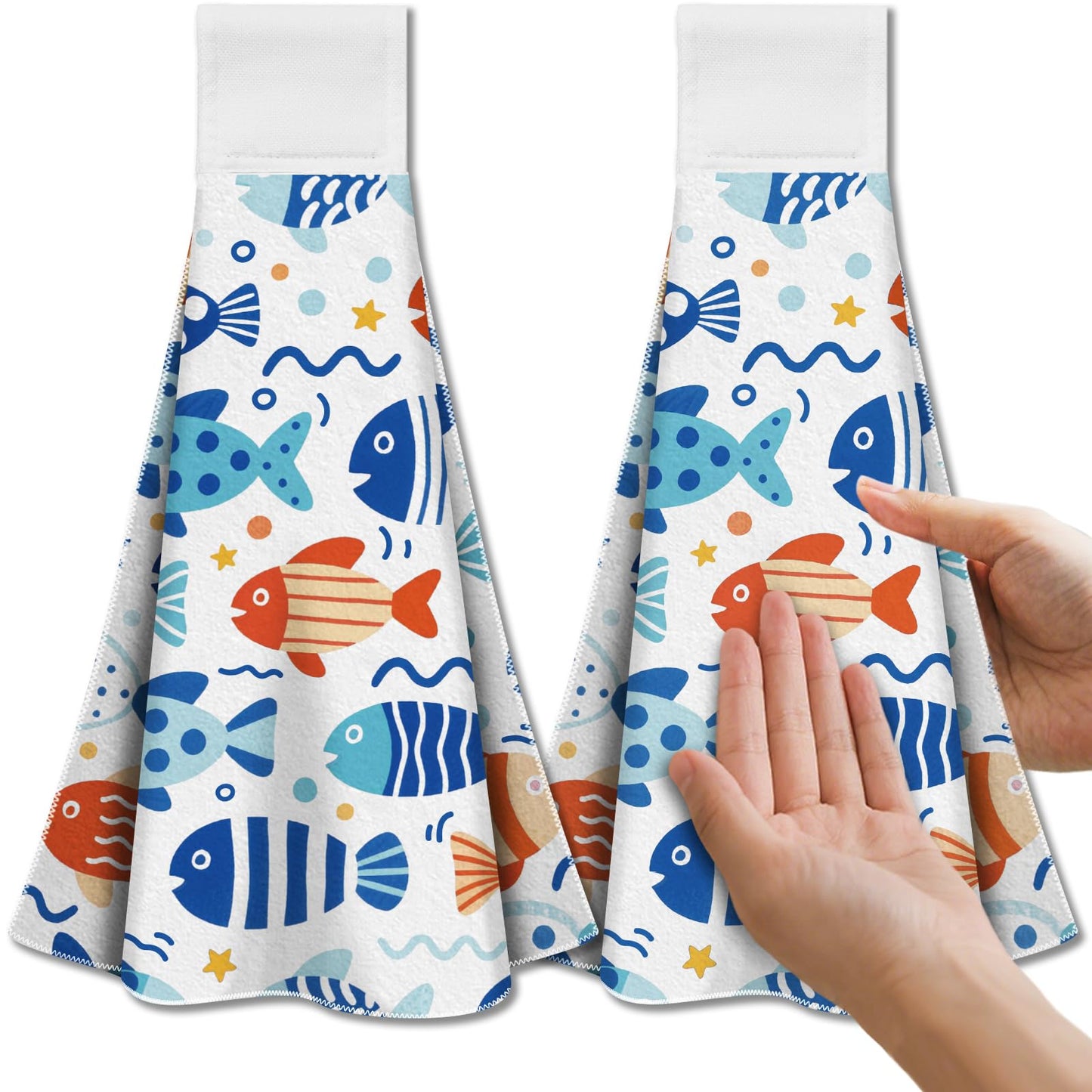 CUTHOLLOW 2Pcs Blue Cartoon Fish Tea Towels for Kitchen with Loop, 31.5x43.5cm Soft Super Absorbent Microfiber Decorative Hanging Dish Towel, Tea,