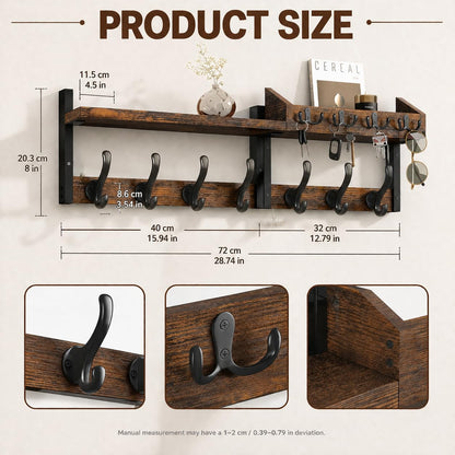 Xygobla Wall Mounted Coat Rack with Shelf and 11 Hooks, Carbon Steel and Solid Wood Organiser with Key and Mail Holder for Living Room, Bedroom