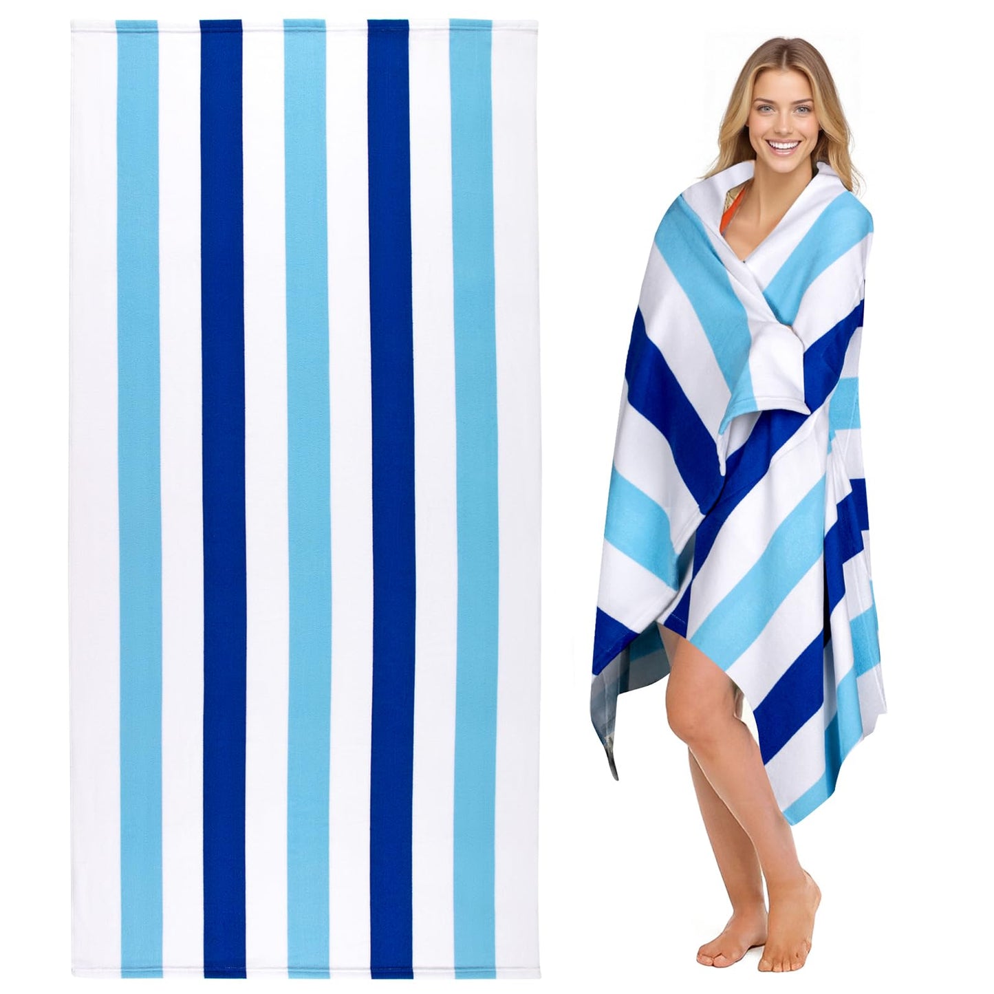 Ouxiaobai Large Oversized Beach Towel - Microfiber Sand Free 35 x 70 Inch Quick Dry Lightweight Pool Towel for Adults, Thin Striped Swim Towel (Navy)