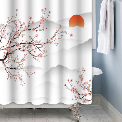 SDOTPMT 165x180cm Asian Cherry Blossom Shower Curtain Japanese Mount Fuji Peach Blossom Branch Bathtub Curtain Sunrise Mist Bathroom curtain for