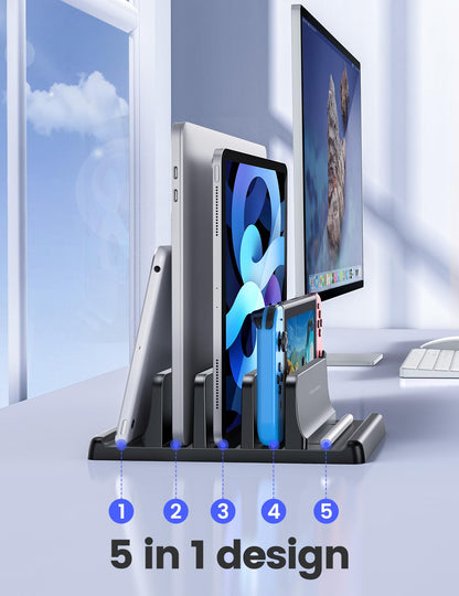 VAYDEER Vertical Laptop Stand 3 Slots, Laptop Holder for Desk with Adjustable Width, Office Desktop Tablet Stand Space Saving