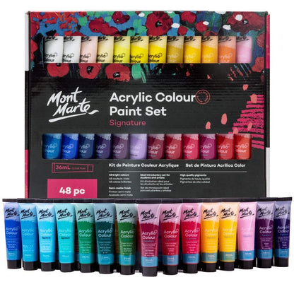 MONT MARTE Acrylic Paint Set, 48 x 36ml, Semi-Matte Finish, 48 Colours, Suitable for Canvas, Wood, MDF, Leather, Air-Dried Clay, Plaster, Cardboard,