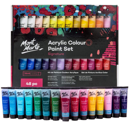 MONT MARTE Acrylic Paint Set, 48 x 36ml, Semi-Matte Finish, 48 Colours, Suitable for Canvas, Wood, MDF, Leather, Air-Dried Clay, Plaster, Cardboard,