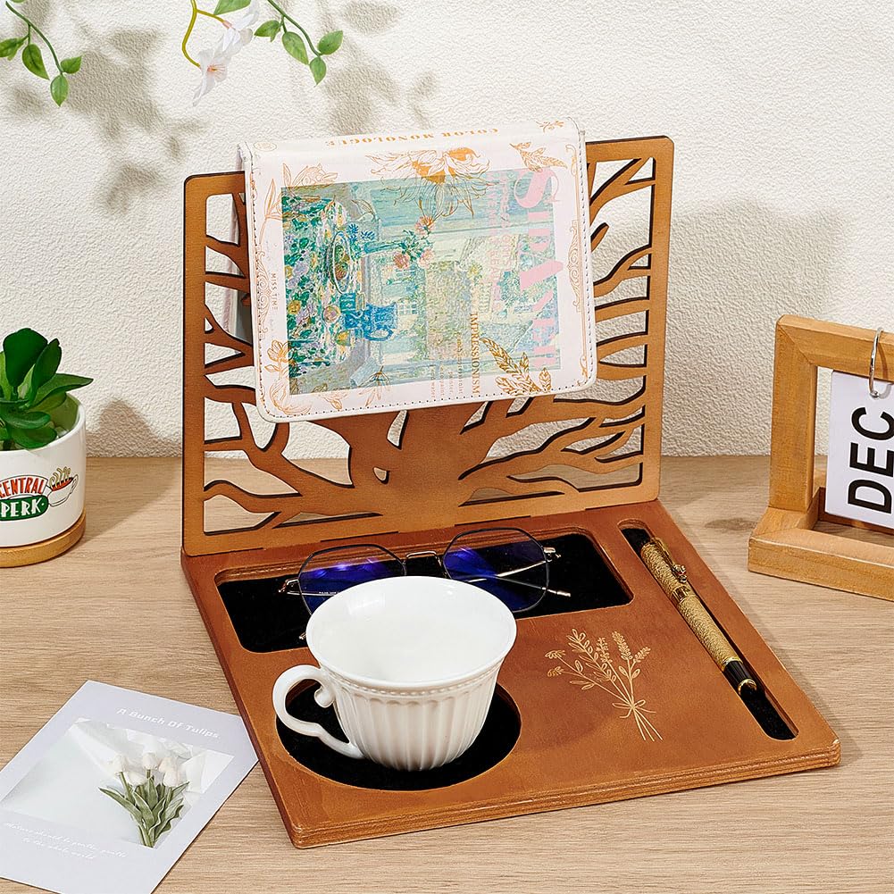 BENECREAT Wood Book Holder Stand, Multifunctional Book Nook Organizer with Cup, Glasses, Pen for Nightstand Desktop Christmas Birthday Gifts