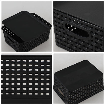 Innouse 6 PCS Small Plastic Woven Storage Basket with Lid for Desktop Black