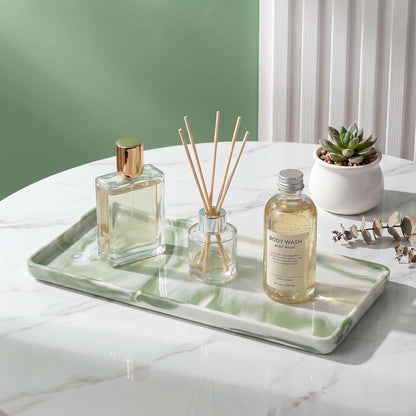 Green Marble Pattern Ceramic Vanity Tray,20.5x9.5x1.2cm Perfume & Jewelry Dish,Rectangular Countertop Organiser for Bathroom,Vanity