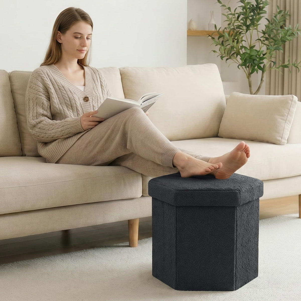 PINPLUS Boucle Ottoman Storage, Hexagonal Foldable Footrest, Dark Grey