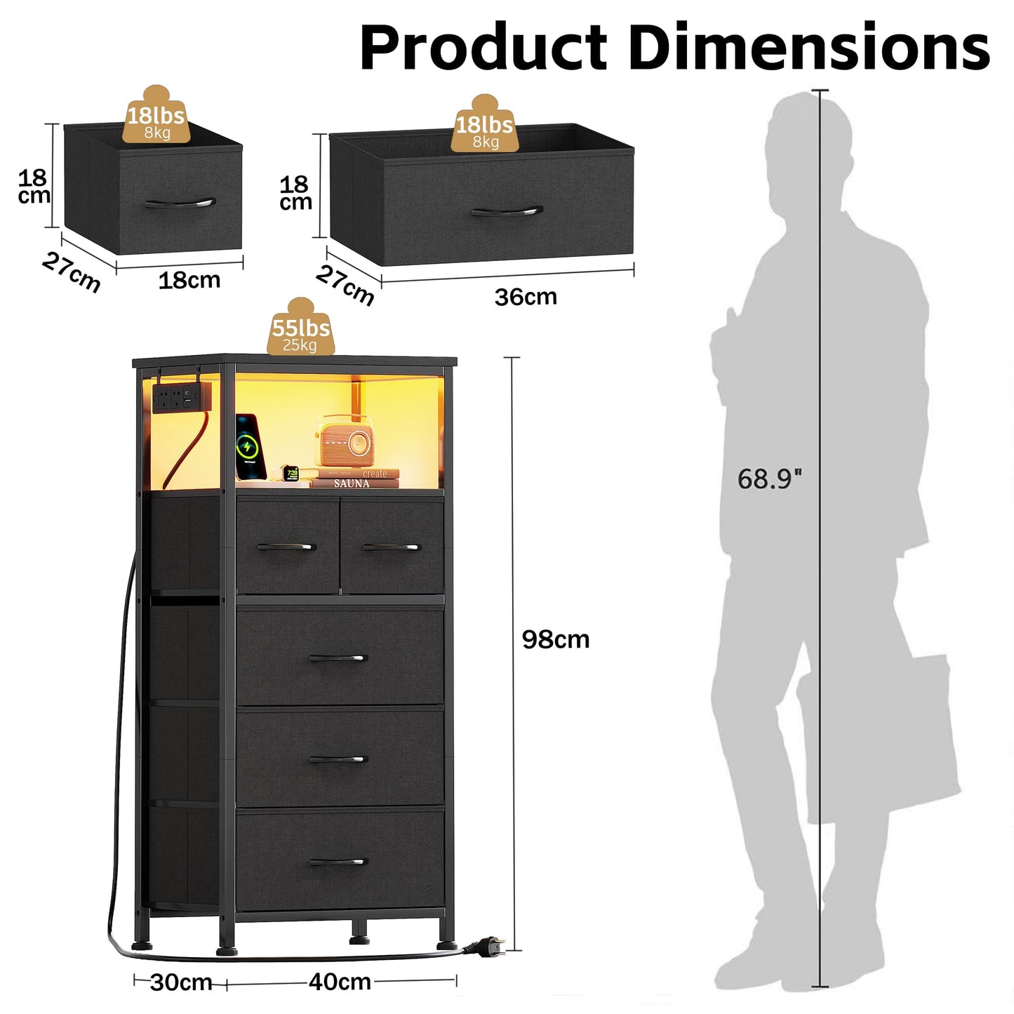 Flrrtenv Chest of Drawers, Bedside Table Cabinet with LED Light and Charging Station, Nightstand with 5 Fabric Drawers