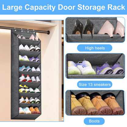 QUMENEY 8 Shelves Over Door Shoe Organizer Hanging Shoe Rack for Door Closet with Deep Pockets Back of Door Storage fits 24 Pairs Shoe Holder（Gray）