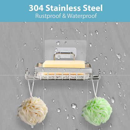YoHyien 2 Pcs 304 Stainless Steel Wall Mounted Soap Holder, Self Adhesive Soap Dishes with Hooks & Soap Saver, Shower Soap Holder for Bathroom