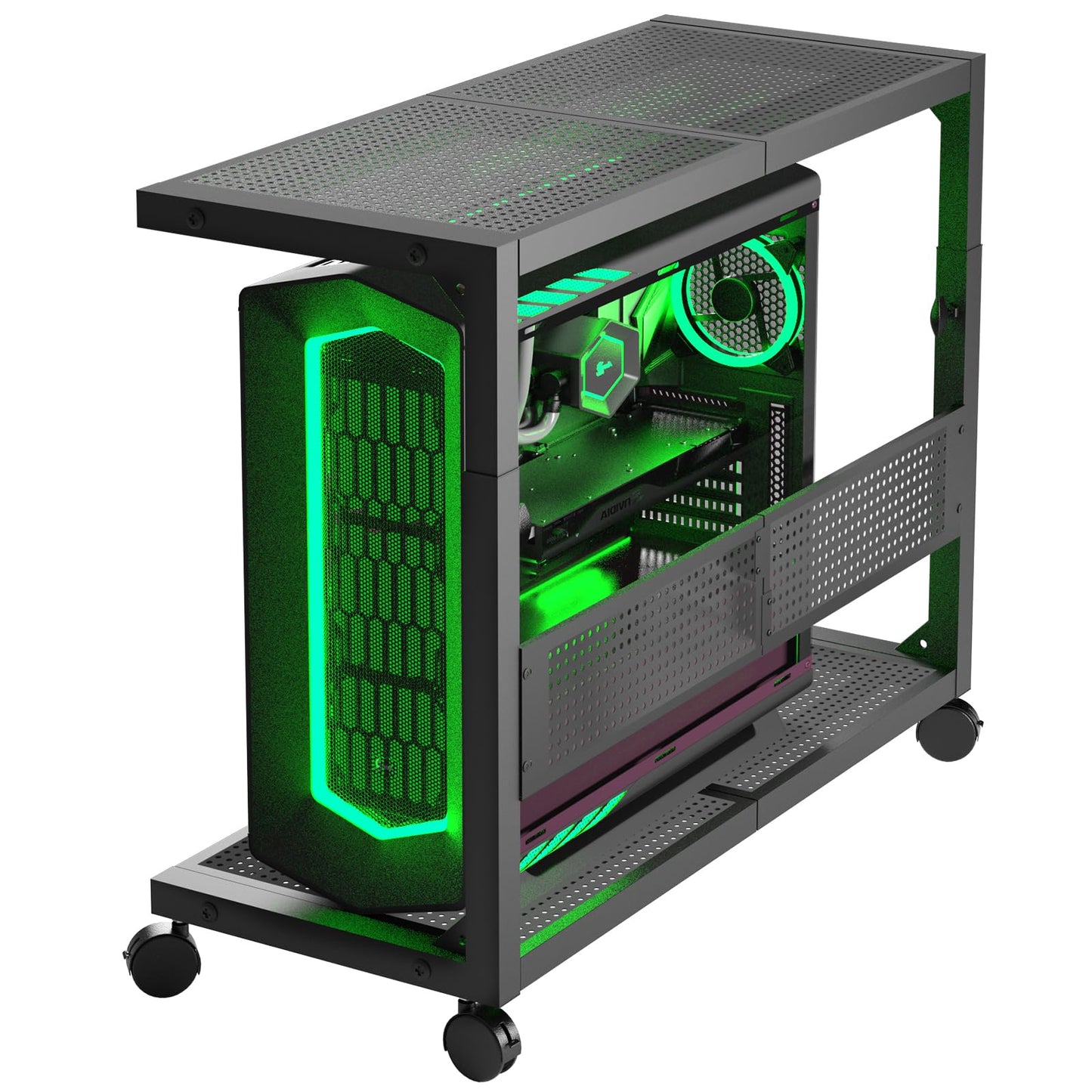 Moricher Computer Tower Stand - Height Adjustable 2-Tier ATX-Case PC Stand Printer Rack Pegboard with Rolling Wheels & Mousepad for Home Office