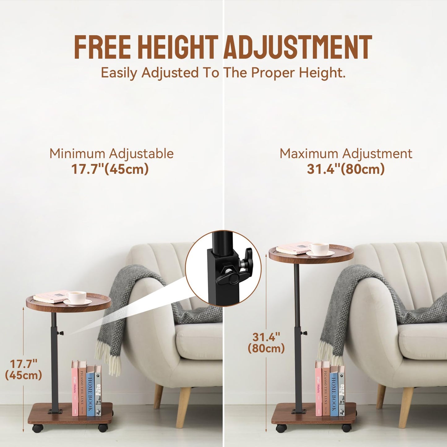 YYW Adjustable C Shaped Side Table with Wheels, 360° Swivel Sofa Table