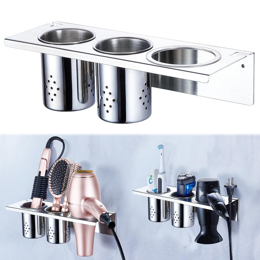 XILIMEN Hair Dryer Holder Wall Mounted, Hairdryer and Straightener Holder with 2 Cups, Hairdryer Stand Station, Hair Tool Organiser for Dressing Table