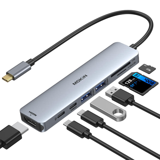 USB C Hub HDMI Adapter for MacBook Pro/Air, MOKiN 7 IN 1 USB C Dongle Mac Adapter with HDMI, Type C Data Port,100W PD,SD/TF and 2 USB3.0 for