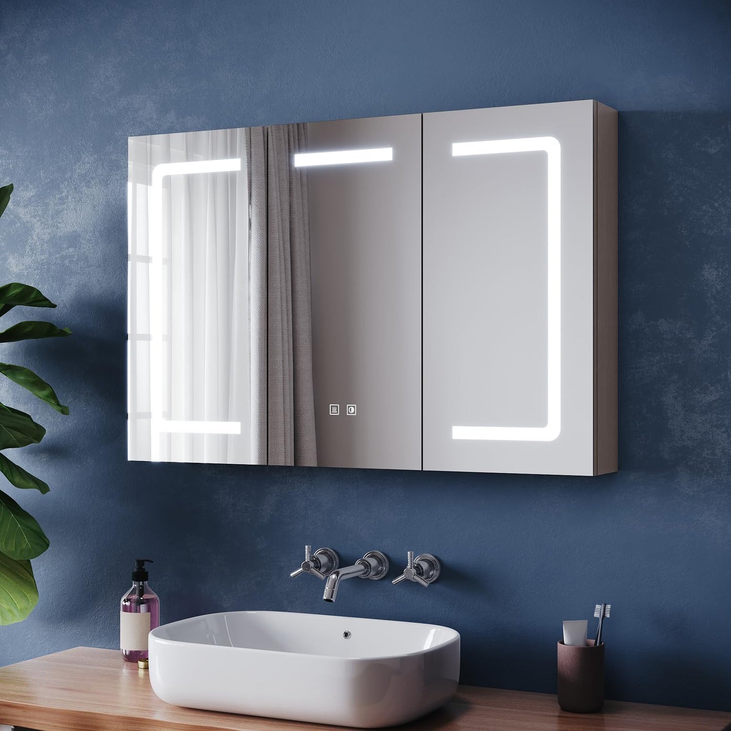 ZANOFIRA 3 Door Illuminated Bathroom Mirror Cabinet, Fully Assembled Large Wall Mounted Cabinet Storage with Shaver Socket, 3 Colors Dimmable