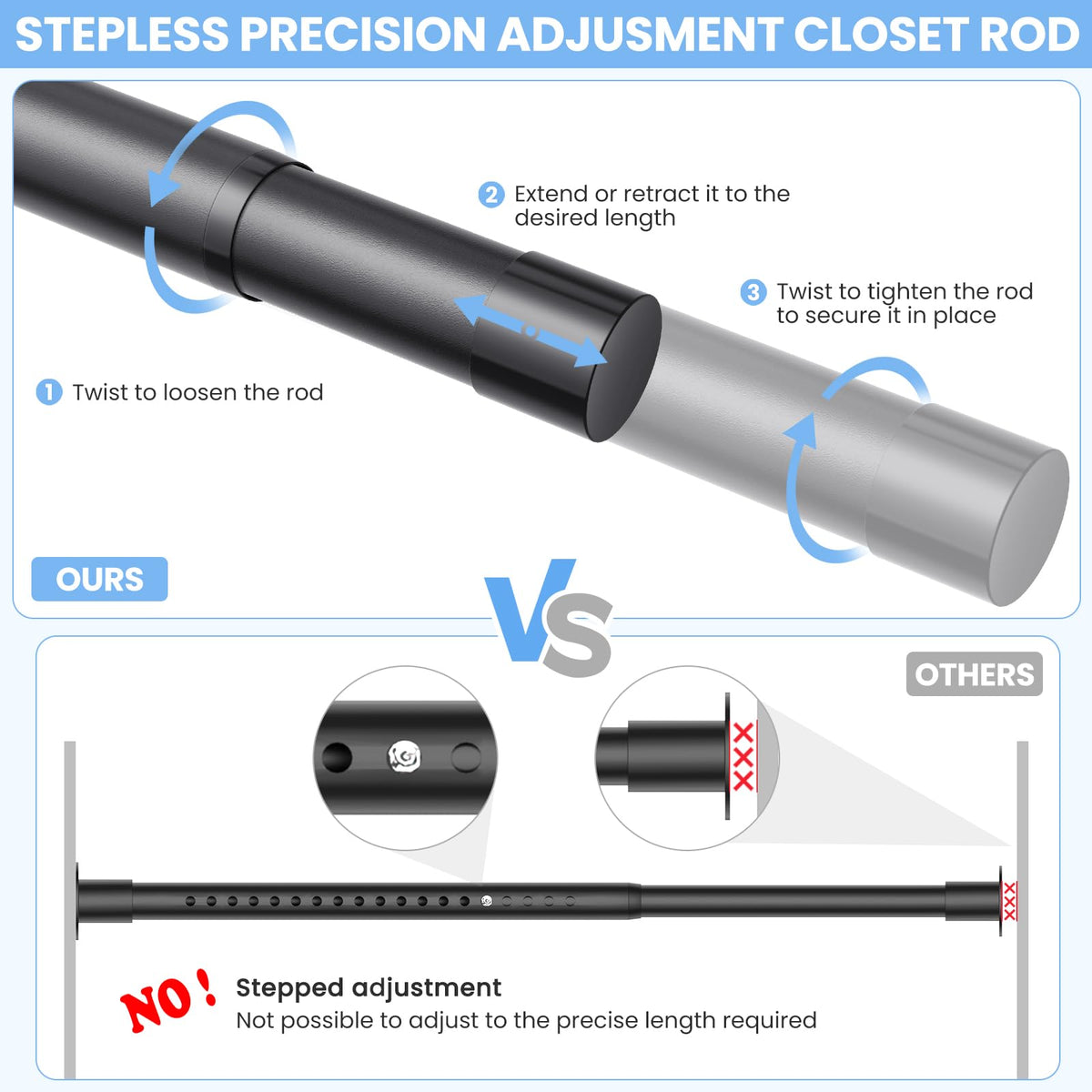 Ruiony Wardrobe Rail, 43 to 173 CM Heavy-Duty Stepless Adjustable Wardrobe Hanging Rail, 3.3 CM Diameter Metal Wardrobe Pole for Wardrobes