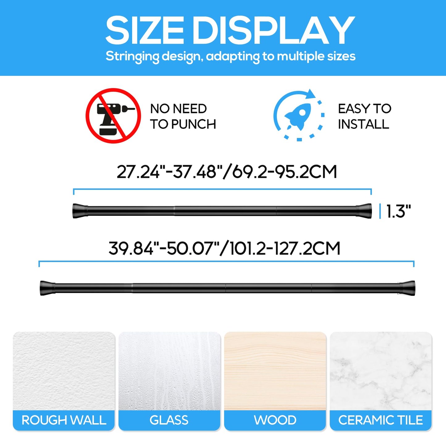 ZipGlo Extendable Curtain Poles Tension Rods for Curtains 70-130 Cm 1pcs