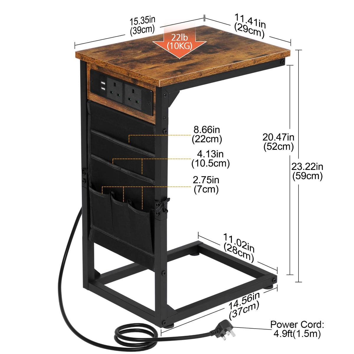 AMHANCIBLE C-Shaped Side Table, Side Table with Charging Station