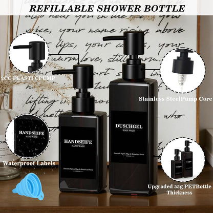 Set of 5 Reusable Shampoo Dispenser Bottles for Filling, 3 x 300 ml + 2 x 500 ml Brown Refill Bottles with Pump Dispenser