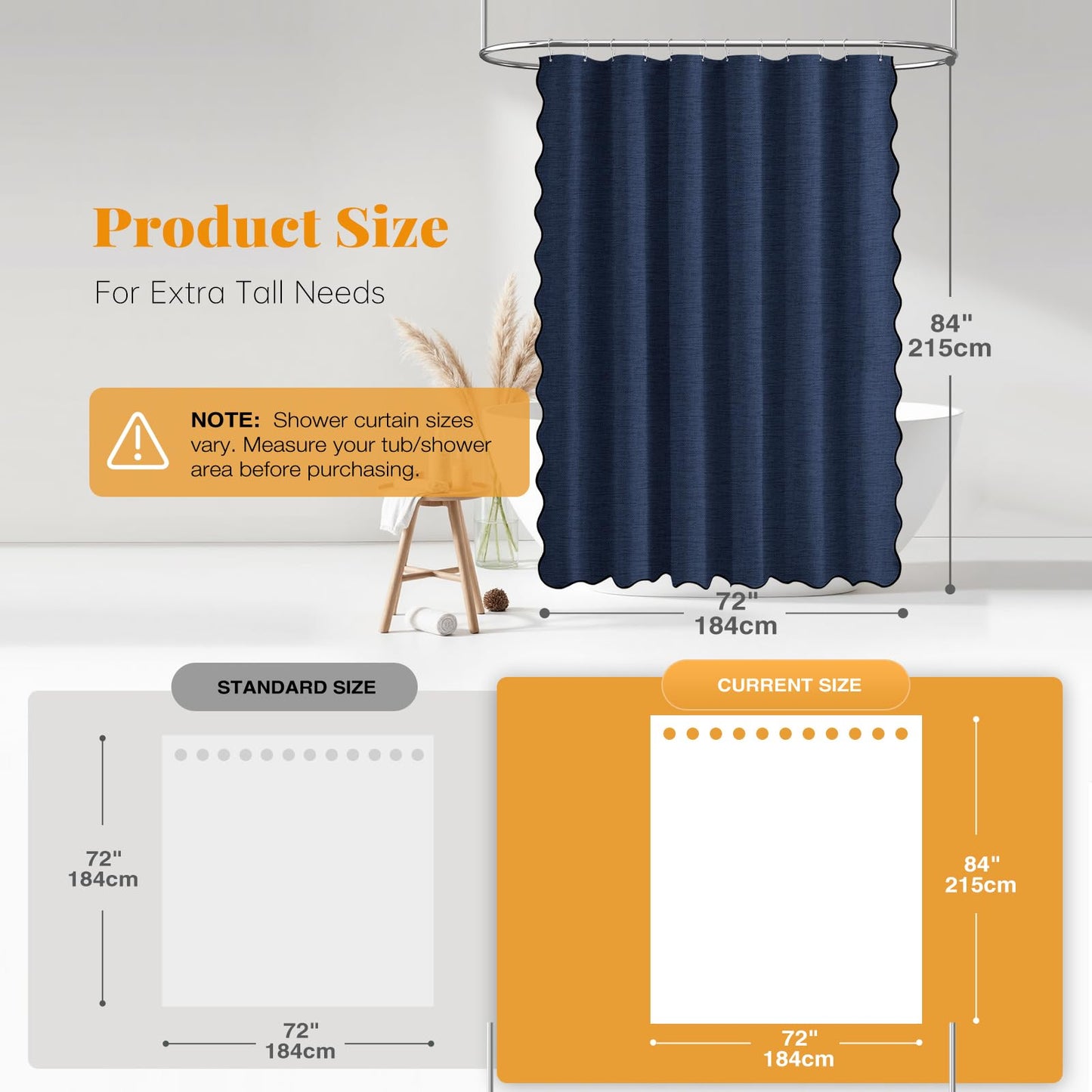 BTTN Extra Long Scalloped Shower Curtain, Waterproof, 184x215cm, Navy Blue