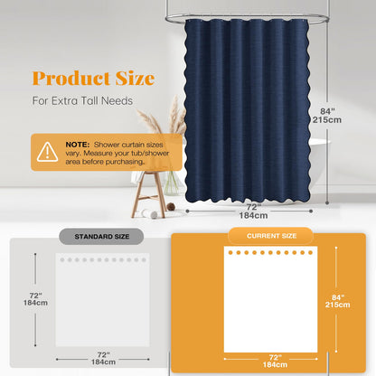 BTTN Extra Long Scalloped Shower Curtain, Waterproof, 184x215cm, Navy Blue