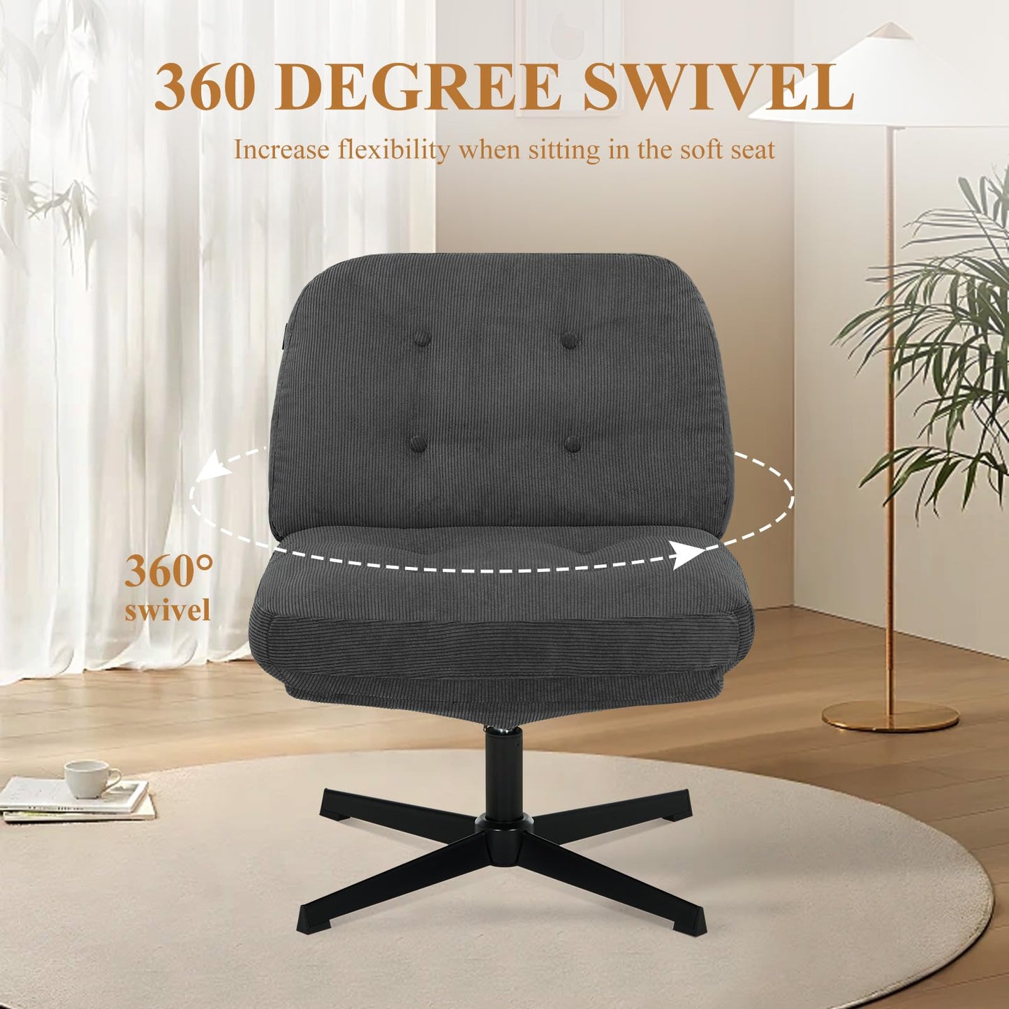 COLAMY Wide Seat Cross Legged Home Office Chair – Thick Padded Corduroy Desk Chair with Metal Base