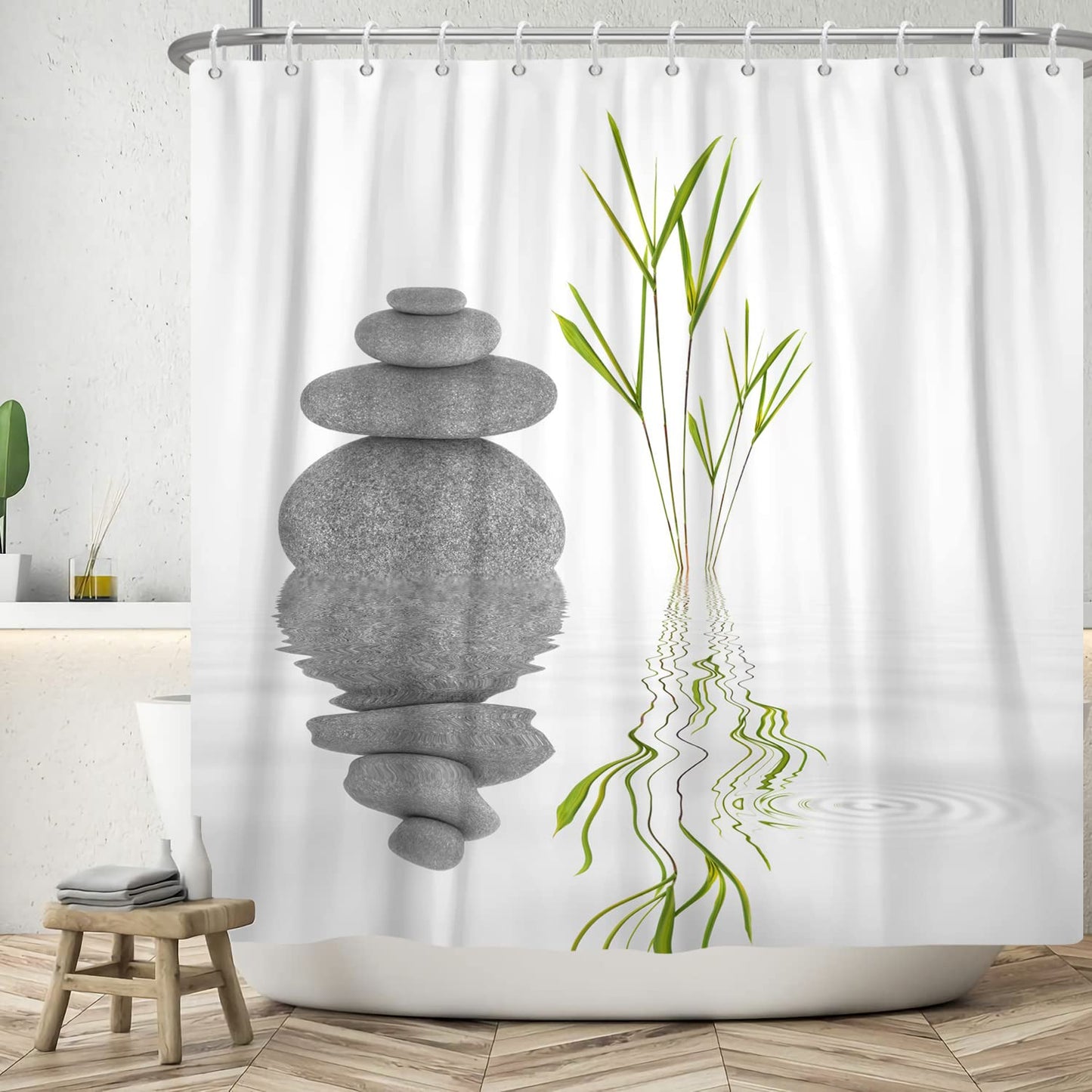 SDOTPMT 60x72inch Basalt Stones Bamboo Leaves Shower Curtain Spa Japanese Theme Zen Meditation Bath Curtain White Background Bathtub Curtain for