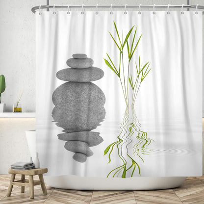 SDOTPMT 60x72inch Basalt Stones Bamboo Leaves Shower Curtain Spa Japanese Theme Zen Meditation Bath Curtain White Background Bathtub Curtain for