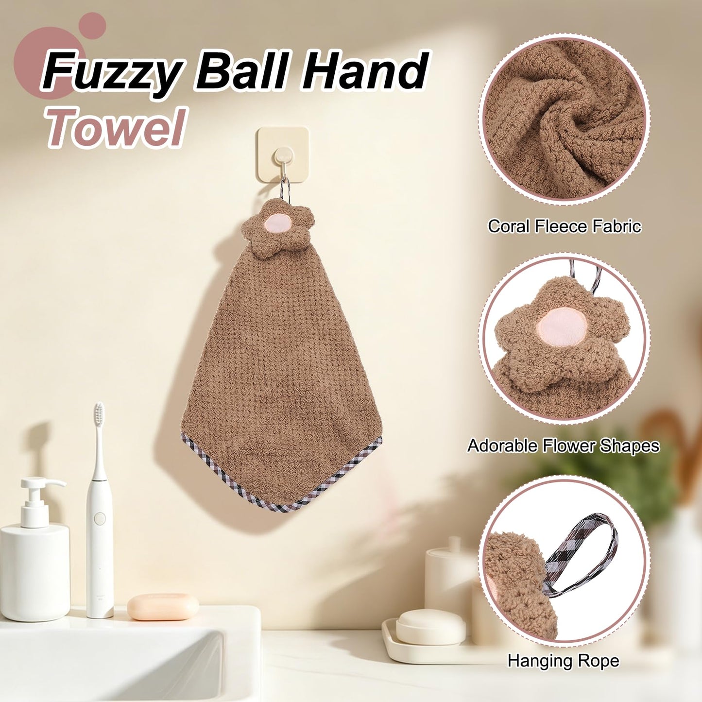 sourcing map 2Pcs Hand Towel, Soft Coral Fleece Hand Towels with Hanging Loop Decorative Flower Pattern Quick-Drying and Washable for Home Bathroom