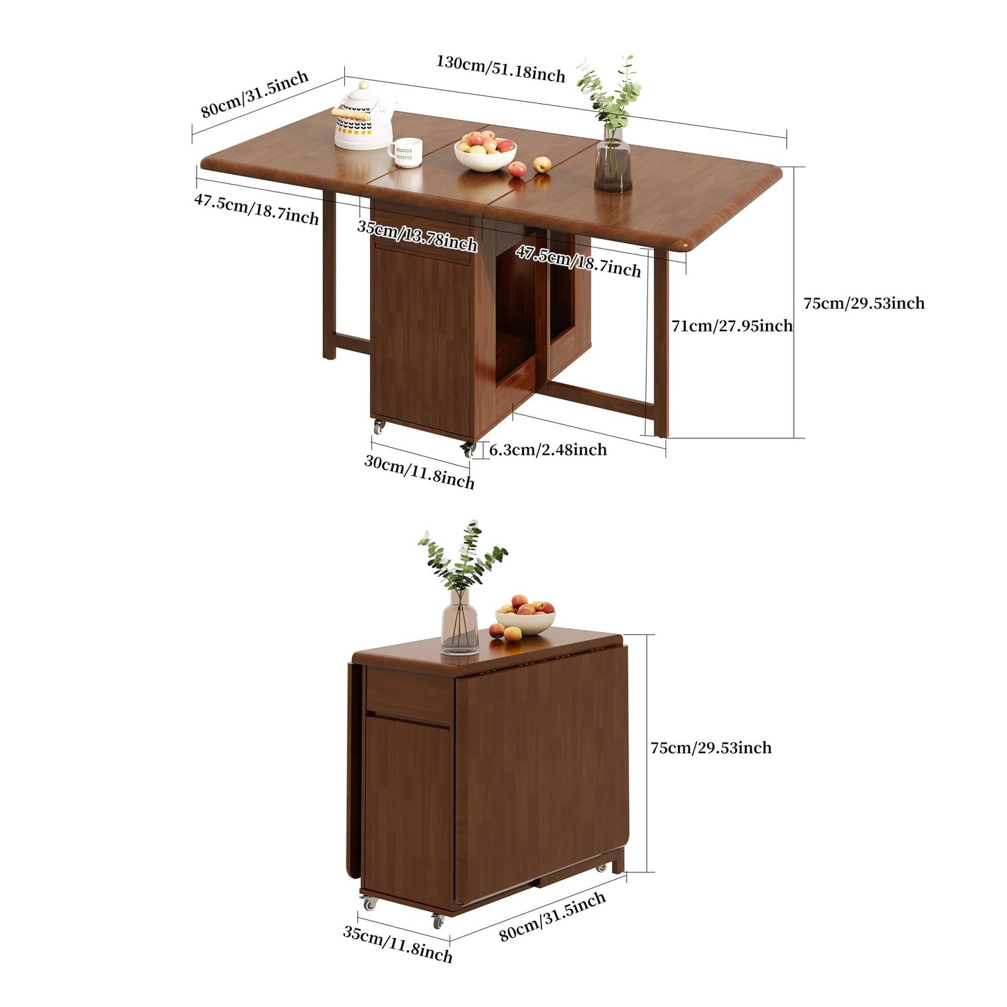 GildedGrove Walnut Foldable Dining Table Retro Design, Mobile on Casters with Storage Compartment, Space-Saving 1.3/1.5 Metre Long Table for Kitchen