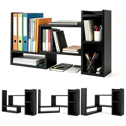 Rivosar Wooden Desktop Bookshelf, Expandable Desk Shelf with Storage Unit