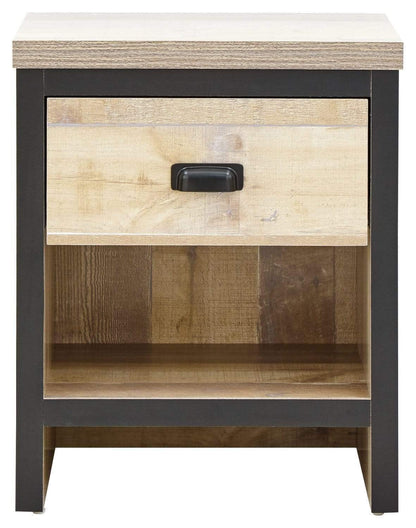 GFW Boston Lamp Table with Drawer, Industrial Side Table with Black Metal Handle, Oak Effect Finish and Contrasting Frame, Living Room End Table
