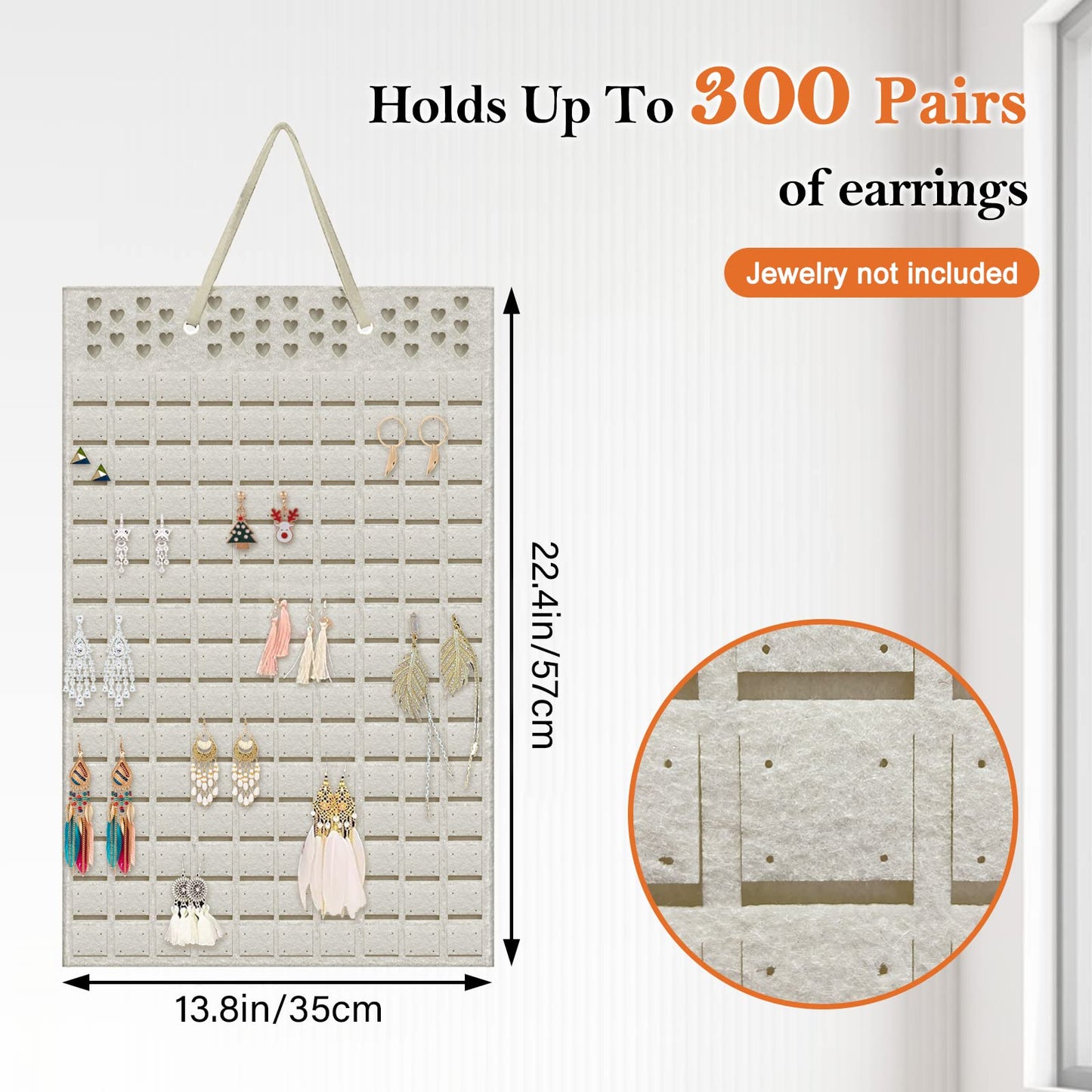 Yanmucy Earring Holder Organizer Hanging Holds Up to 300 Pairs Wall Mount Jewelry Storage Bag Earring Holder For Girls Women (Beige)