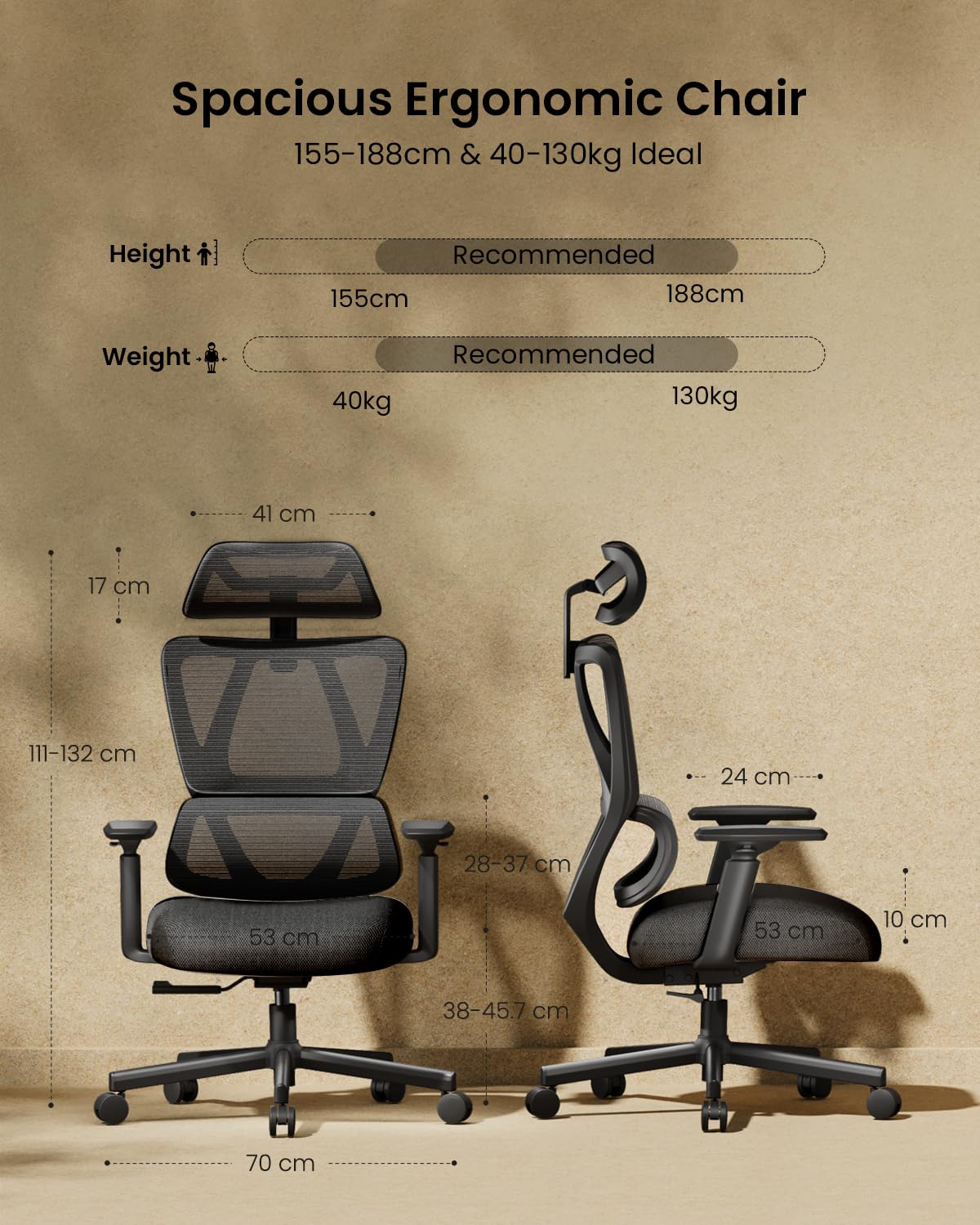 ProtoArc EC100 Ergonomic Office Chair with 10cm Spring Cushion, Black