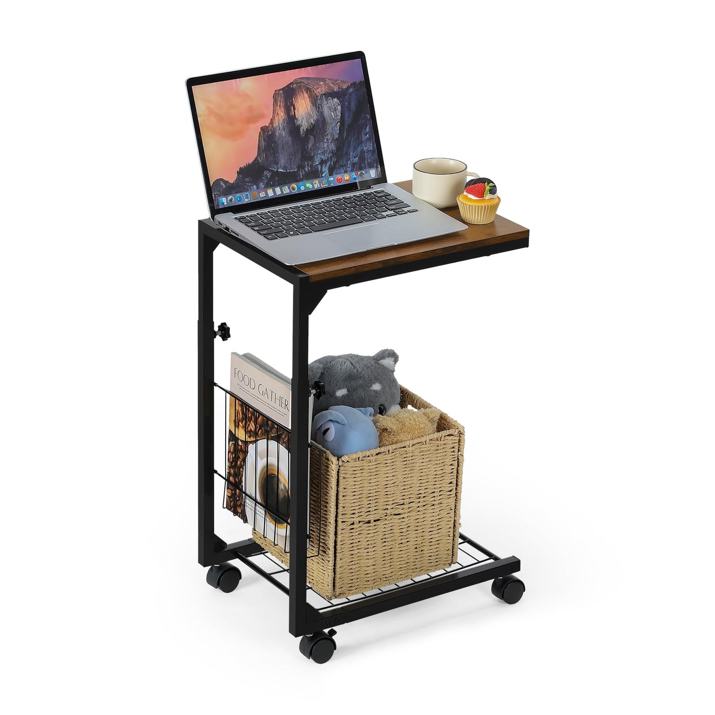 C Shaped Side Table Brown Adjustable C Table End Table With 2-Tier Shelf