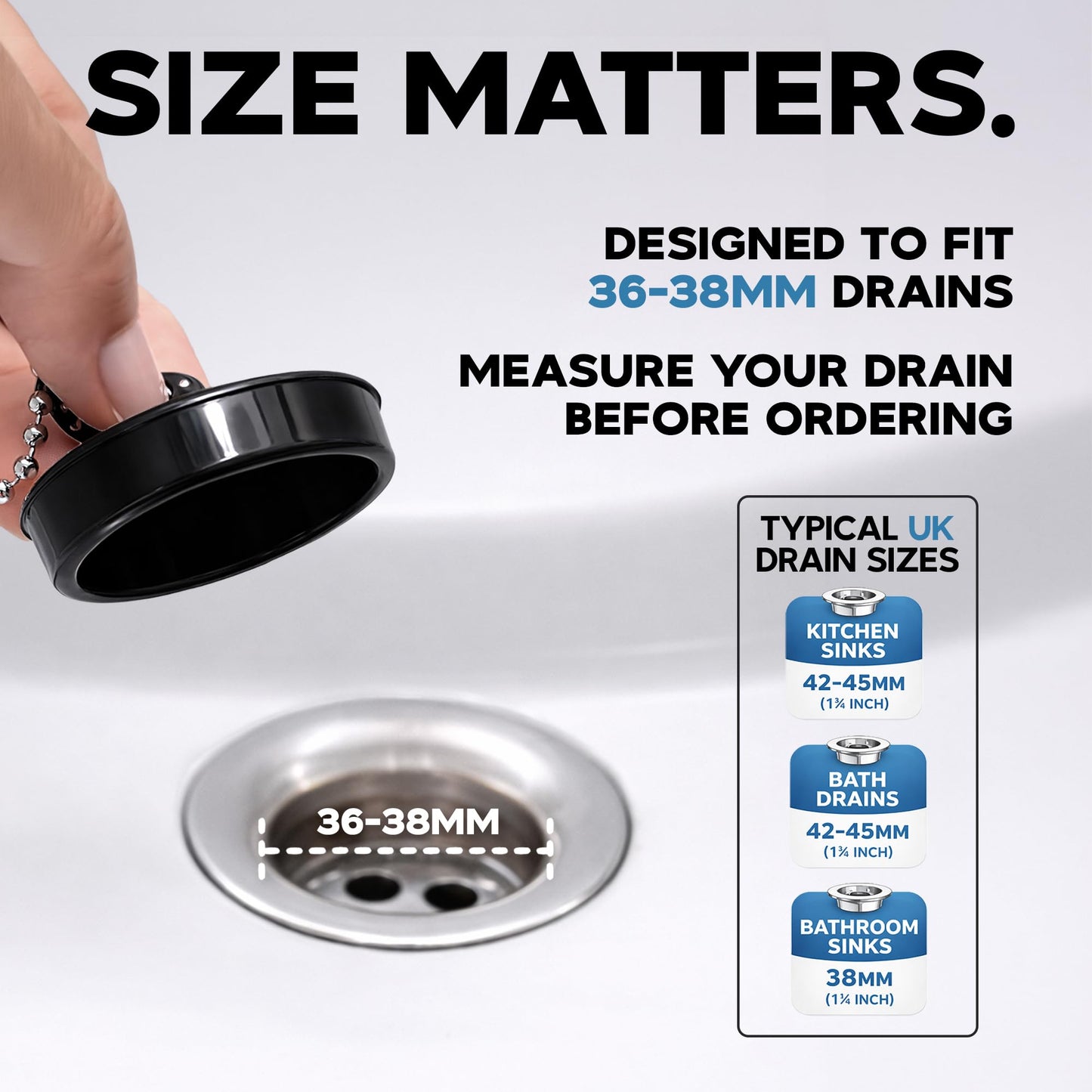 Smith’s® (44.5mm-45mm) Black Plug & Chain - Bathtub, Bathroom, & Kitchen Sink Plug | 48cm Strong Stainless Steel Ball Chain With S-Hooks