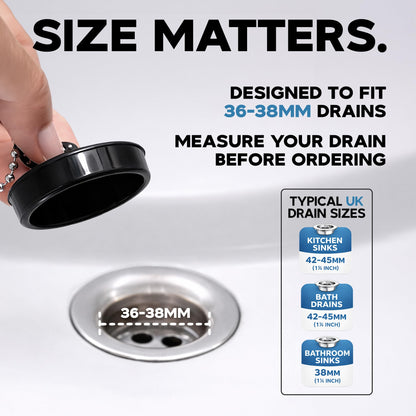 Smith’s® (44.5mm-45mm) Black Plug & Chain - Bathtub, Bathroom, & Kitchen Sink Plug | 48cm Strong Stainless Steel Ball Chain With S-Hooks